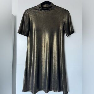 Reformation Gold Sparkle Short Sleeve Mock Neck Slinky Mini Party Dress